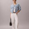 Cropped Collarless Denim Trucker Jacket