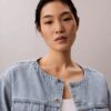 Cropped Collarless Denim Trucker Jacket
