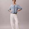 Cropped Collarless Denim Trucker Jacket