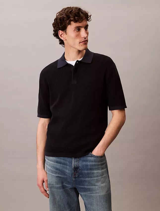 Smooth Cotton Waffle Sweater Polo Shirt Smooth Cotton Waffle Sweater Polo Shirt