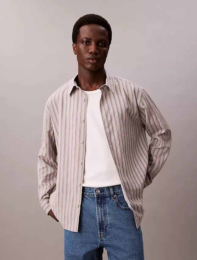 Viscose Nylon Blend Stripe Relaxed Button-Down Shirt Viscose Nylon Blend Stripe Relaxed Button-Down Shirt